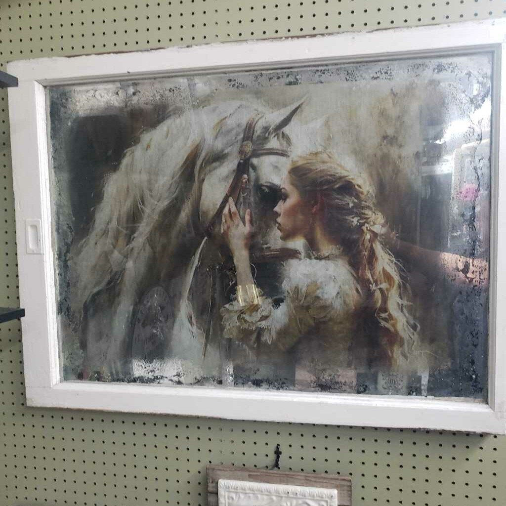 VINTAGE WINDOW ART - LADY W/HORSE
