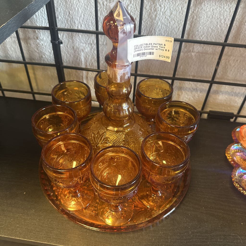 Indian Glass Tiara (Amber) Decanter w/Tray & 8 Goblets