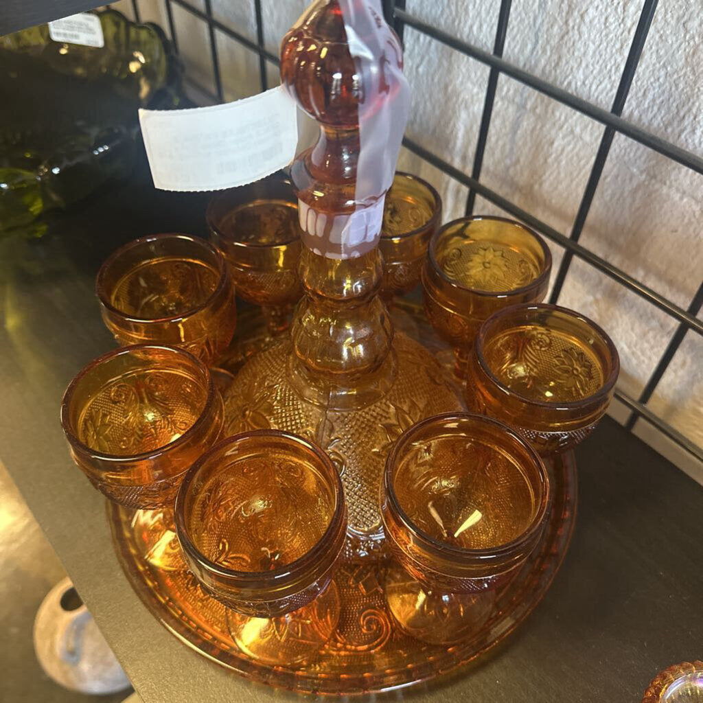 Indian Glass Tiara (Amber) Decanter w/Tray & 8 Goblets
